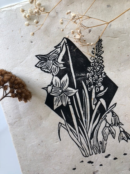 Daffodil, Snowdrops & Foxglove Lino Print